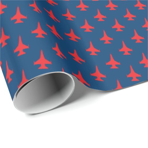 F_16 Falcon Fighter Jet Pattern Red on Blue Wrapping Paper