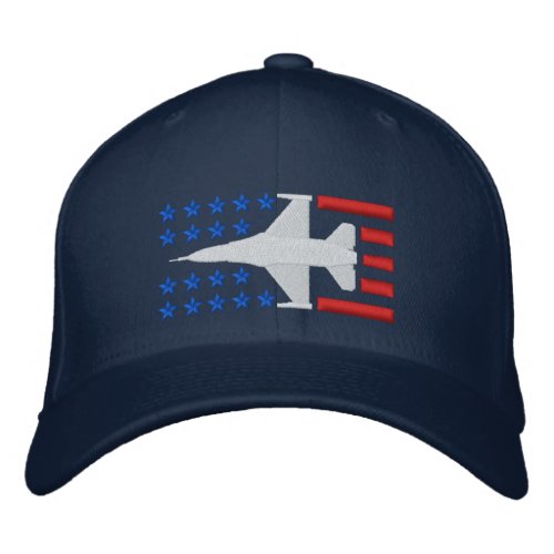 F_16 Fighter Jet Stars and Stripes Red White Blue Embroidered Baseball Cap