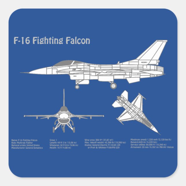 F-16 Fighting Falcon - Airplane Blueprint Plan ABD Square Sticker (Front)