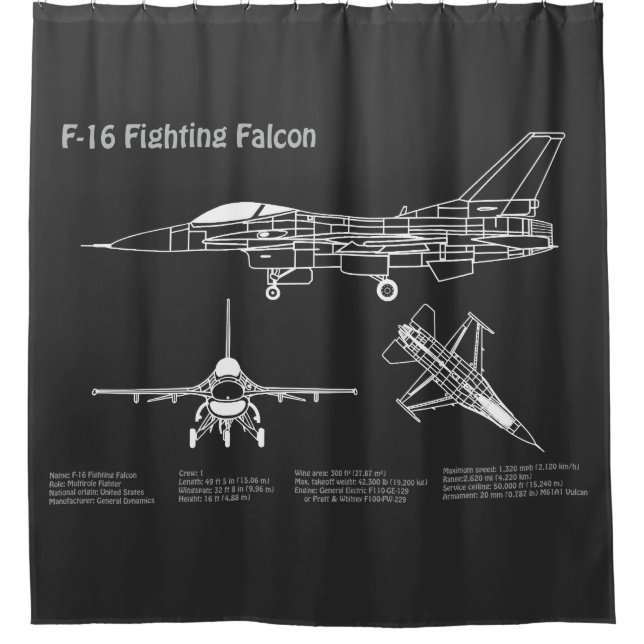F-16 Fighting Falcon - Airplane Blueprint Plans PD Shower Curtain (Front)