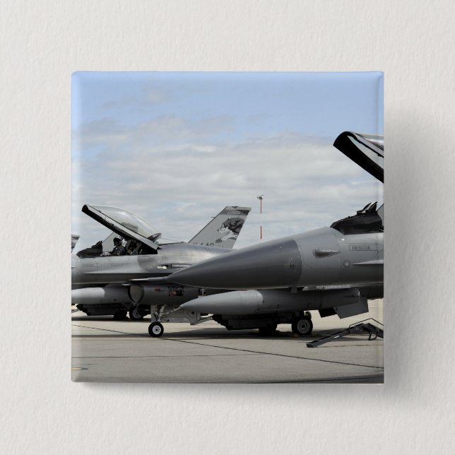 F-16 Fighting Falcons await to launch Pinback Button (Front)