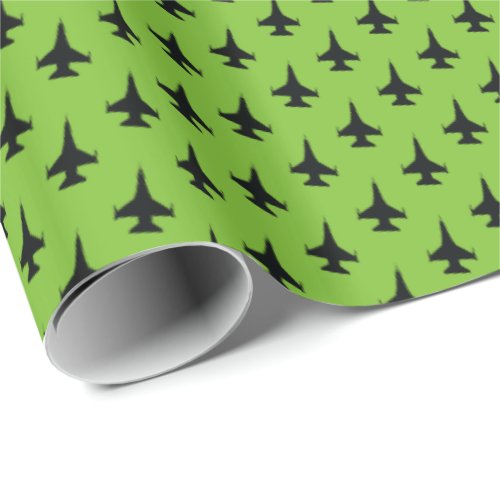 F_16 Viper Fighter Jet Pattern Black on Green Wrapping Paper