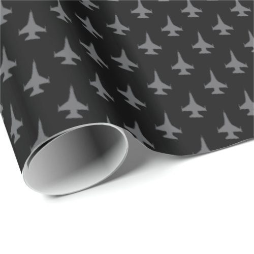 F_16 Viper Fighter Jet Pattern Gray on Black Wrapping Paper