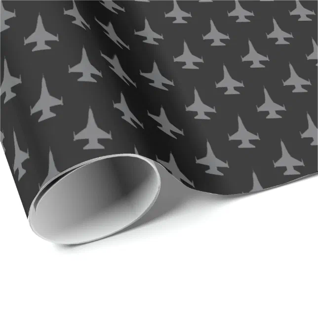 F-16 Viper Fighter Jet Pattern Gray on Black Wrapping Paper (Roll Corner)