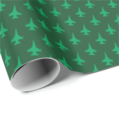 F_16 Viper Fighter Jet Pattern Green on Green Wrapping Paper