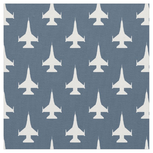 F-16 Viper Fighter Jet Pattern White on Dusty Blue Fabric (Close Up)