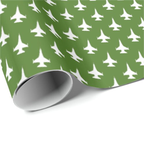 F_16 Viper Fighter Jet Pattern White on Green Wrapping Paper