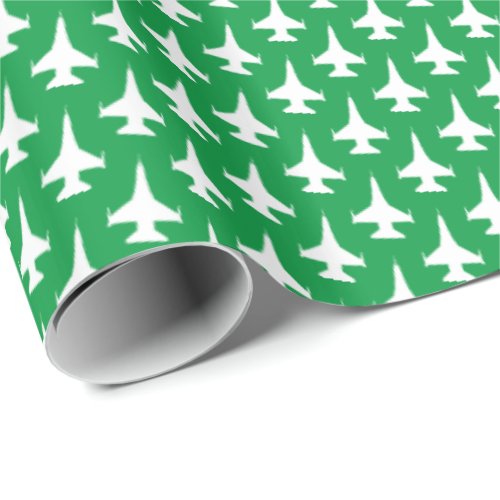 F_16 Viper Fighter Jet Pattern White on Green Wrapping Paper