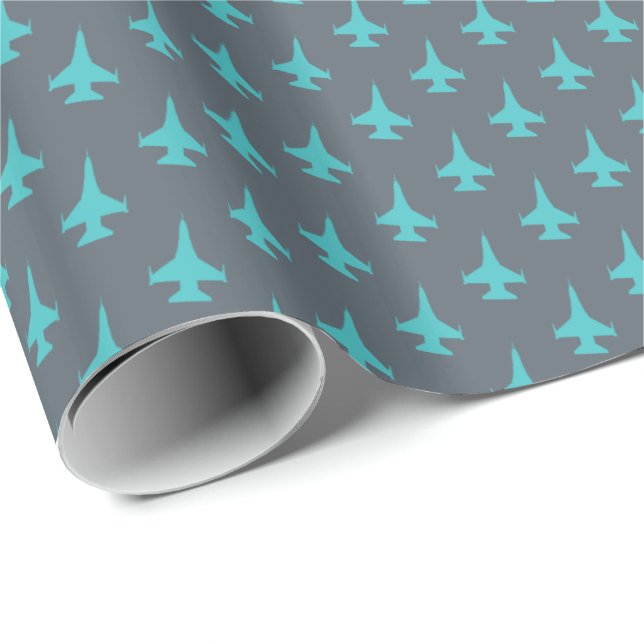 F-16 Viper Jet Pattern Aqua on Gray Wrapping Paper (Roll Corner)