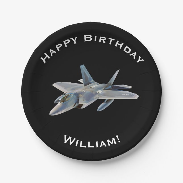 F-22 Fighter Jet Birthday with Personalized Name Paper Plates (Front)