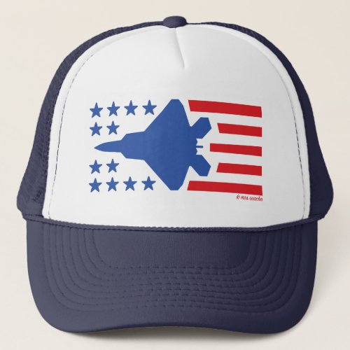 F_22 Fighter Jet Stars and Stripes Red and Blue Trucker Hat