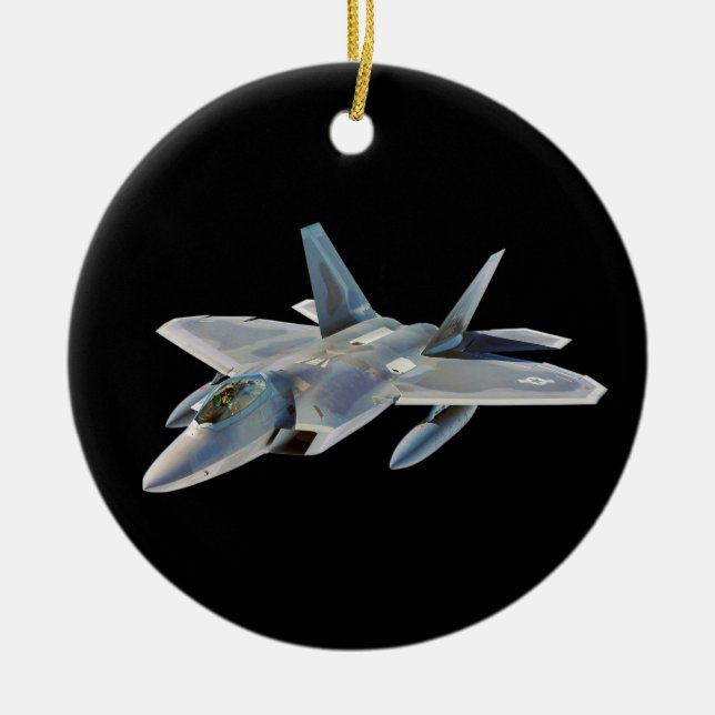 F-22 Raptor Fighter Jet on Black Ceramic Ornament (Front)