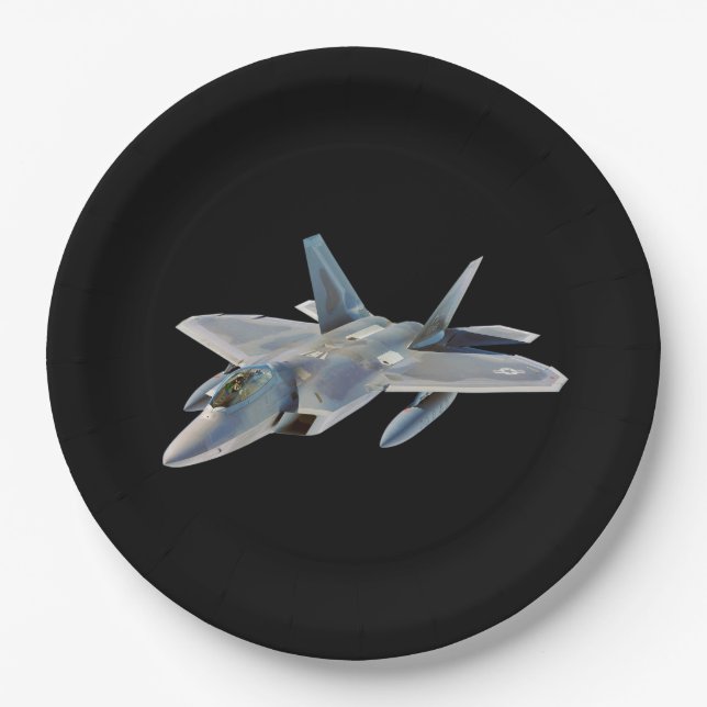 F-22 Raptor Fighter Jet on Black Paper Plates (Front)