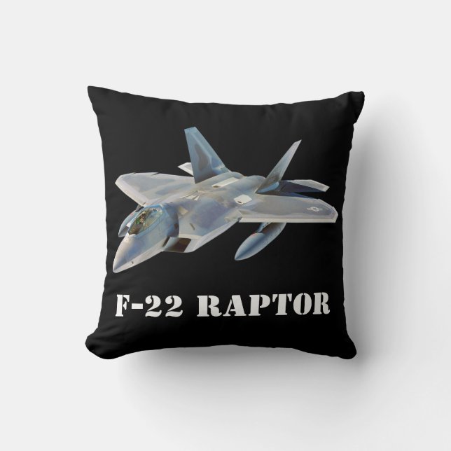 F-22 Raptor Fighter Jet on Black Throw Pillow (Front)