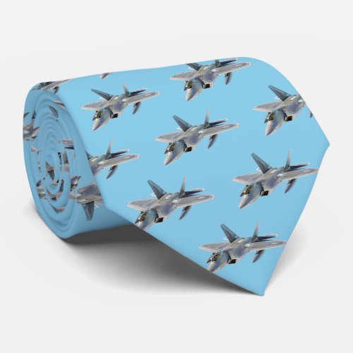 F_22 Raptor Fighter Jet on Sky Blue Neck Tie