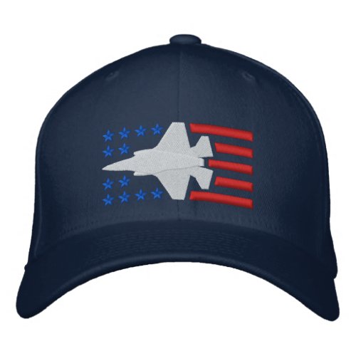 F_35 Fighter Jet Stars and Stripes in Red White Embroidered Baseball Cap