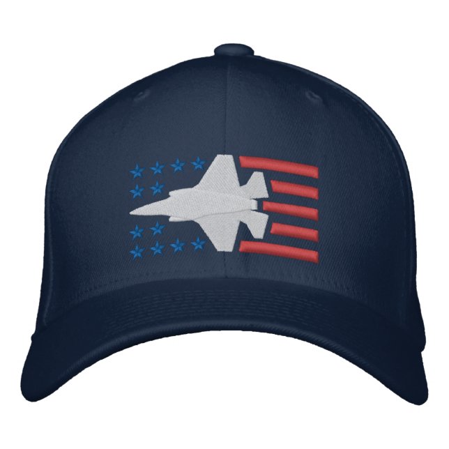 F-35 Fighter Jet Stars and Stripes in Red White Embroidered Baseball Cap (Front)