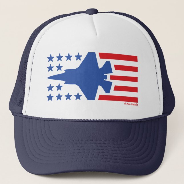 F-35 Fighter Jet Stars and Stripes Red and Blue Trucker Hat (Front)