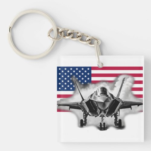 F_35 Fighter Jet with US Flag Background Keychain