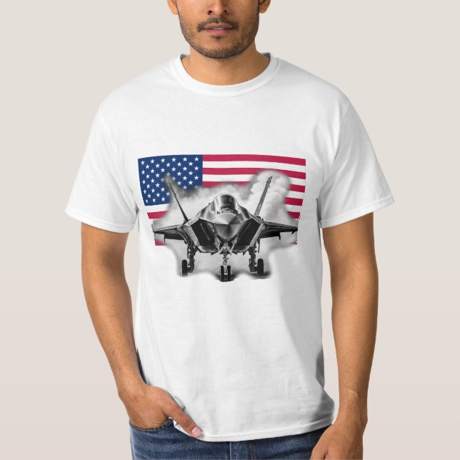 F-35 Fighter Jet with US Flag Background T-Shirt (Front)