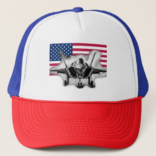 F_35 Fighter Jet with US Flag Background Trucker Hat