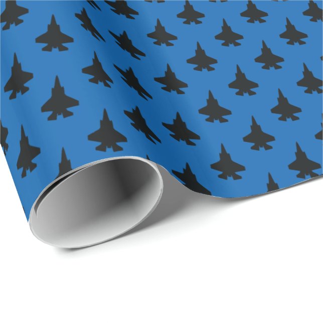 F-35 Lightning 2 Fighter Jets Pattern Blue Wrapping Paper (Roll Corner)