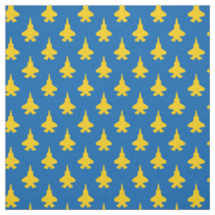 F-35 Lightning 2 Fighter Jets Yellow on Blue Fabric