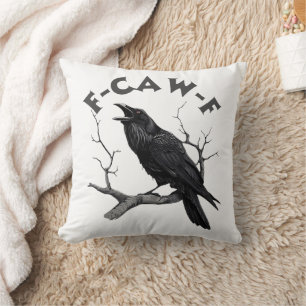 F-Caw-F Black Crow Pun Funny Bird Cawing Halloween Throw Pillow