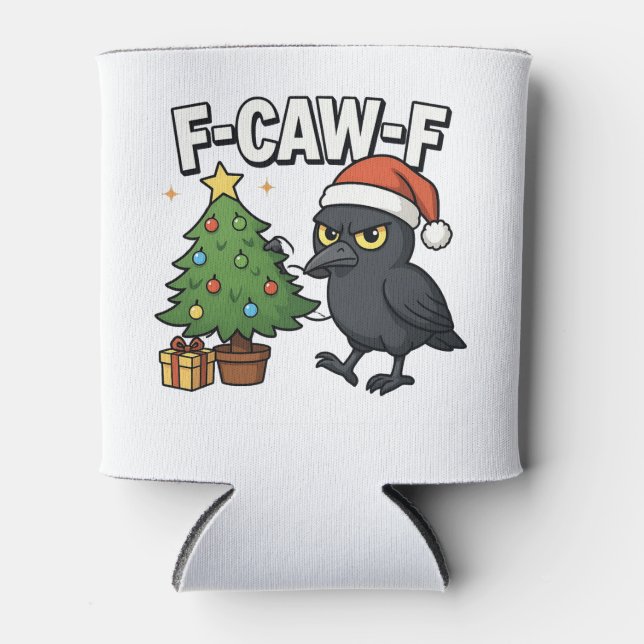 F-caw-f Christmas Raven Crow Xmas Tree Meme  Can Cooler (Front)