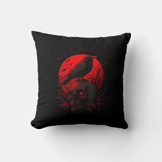 F-Caw-F Crow Funny Bird Red Moon Gothic Throw Pillow (Front)