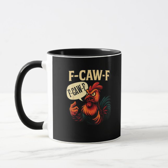 F Caw F Funny Angry Rooster Graphic Retro Style Mug (Left)