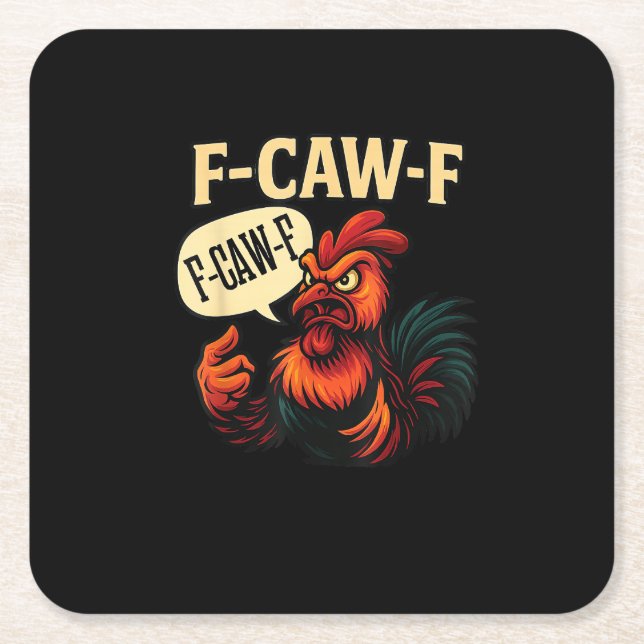 F Caw F Funny Angry Rooster Graphic Retro Style Square Paper Coaster (Front)