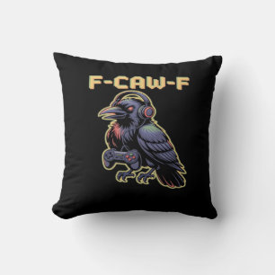 F-Caw-F Gaming Raven With Headphones - Edgy Stream Throw Pillow