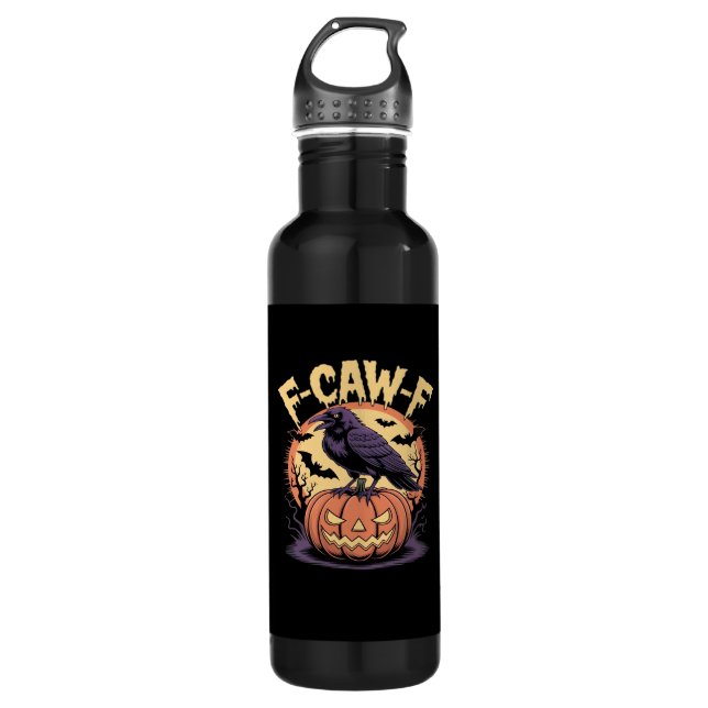 F-Caw-F Spooky Halloween Raven Pumpkin- Bat Moon N Stainless Steel Water Bottle (Front)