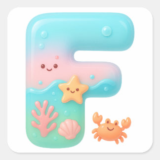 "F" Cute Bubble Letter - Underwater Sea Creature A Square Sticker
