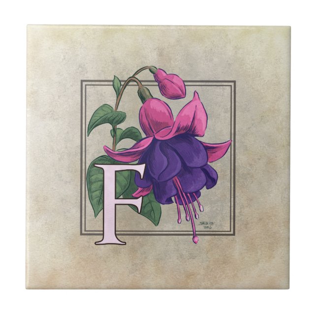 F for Fuchsia Flower Monogram Art Ceramic Tile (Front)