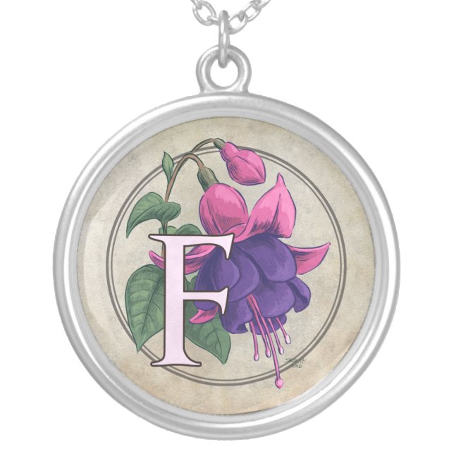 F for Fuchsia Flower Monogram Silver Plated Necklace (Front)