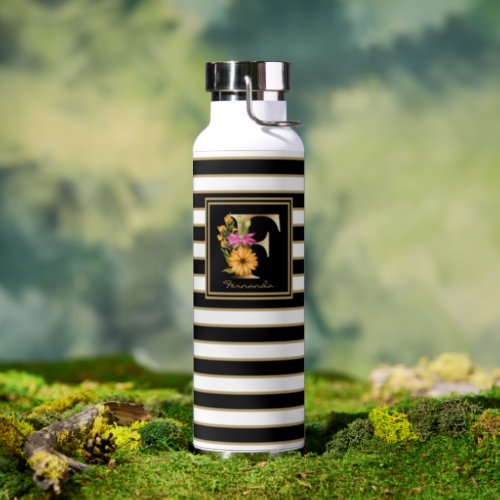 F Gold Floral Monogram  Black White Gold Stripes Water Bottle