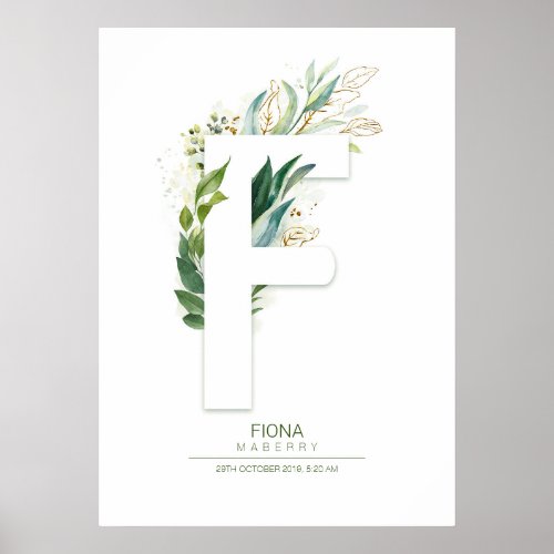 F Letter Monogram Gold Greenery Foliage Chic Poster