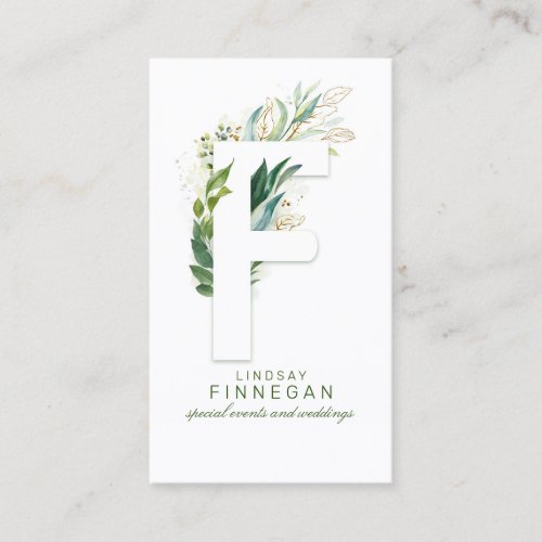 F Letter Monogram Gold Greenery Leaves Elegant Business Card