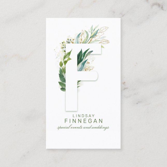 F Letter Monogram Gold Greenery Leaves Elegant Business Card (Front)