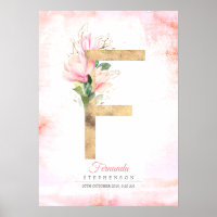 F Letter Monogram Gold Leaves Pink Magnolia Floral Poster