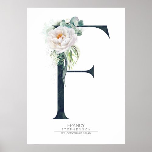 F Letter Monogram White Flowers and Greenery Poster