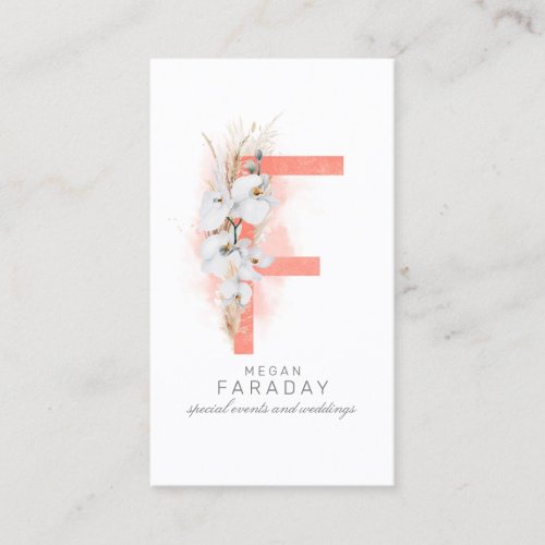 F Letter Monogram White Orchids and Pampas Grass Business Card