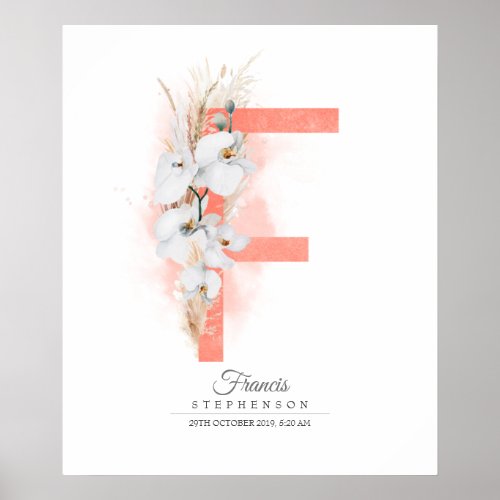 F Letter Monogram White Orchids and Pampas Grass Poster