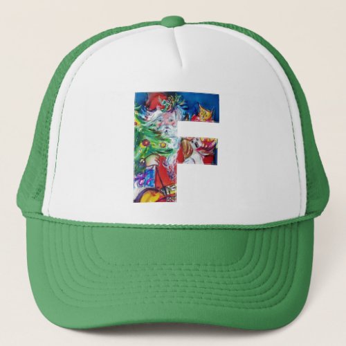 F LETTER  SANTA WITH CHRISTMAS TREE MONOGRAM TRUCKER HAT