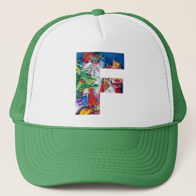 F LETTER / SANTA WITH CHRISTMAS TREE MONOGRAM TRUCKER HAT (Front)