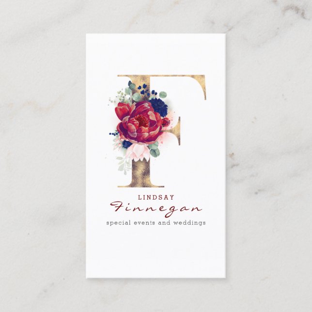 F Monogram Burgundy Gold and Navy Blue Floral Business Card (Front)