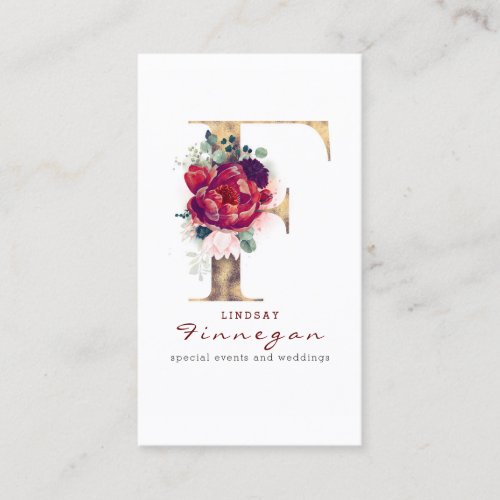 F Monogram Burgundy Red Flowers and Faux Gold Business Card