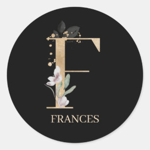 F Monogram Floral Personalized Classic Round Stick Sticker